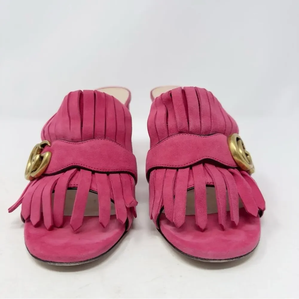 Gucci GG Marmont Pink Fringe Mule Sandals Block Heel Womens Size EU 38.5 - Picture 4 of 11
